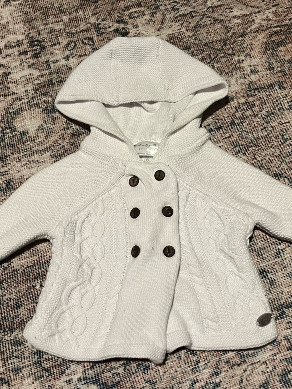 Baby Hooded Cable Knit Double-Breasted Sweater - White